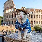 Winnie is registered to the contest to win money with this photo: animal, architecture, blue_shirt, camera, cat, colosseum, costume, daytime, hat, historic_site, mammal, outdoor, pet, portrait, rome, stone, sunny, tourism, tourist, travel