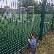 Daniyal joined the competition — help win amazing prizes! toddler, child, soccer_field, fence, grass, outdoor, sport, goalpost, playing_field, person, greenery, trees, overcast_sky, curious, young_child, casual_clothing, daytime, nature, recreation, activity