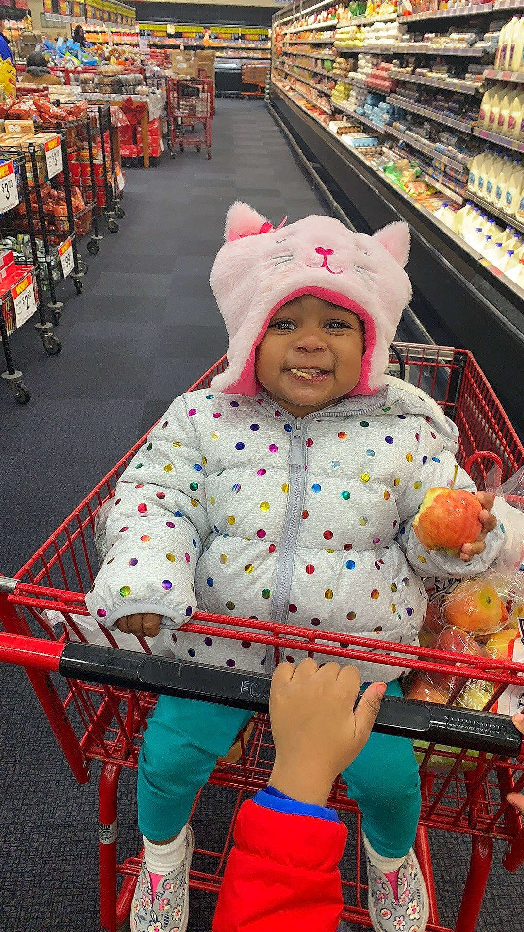 Kehlani joined the competition — help win amazing prizes! cart, child, fun, headwear, joy, outerwear, person, product, retail, shopping, shopping_cart, smile, supermarket, toddler, vacation, vehicle