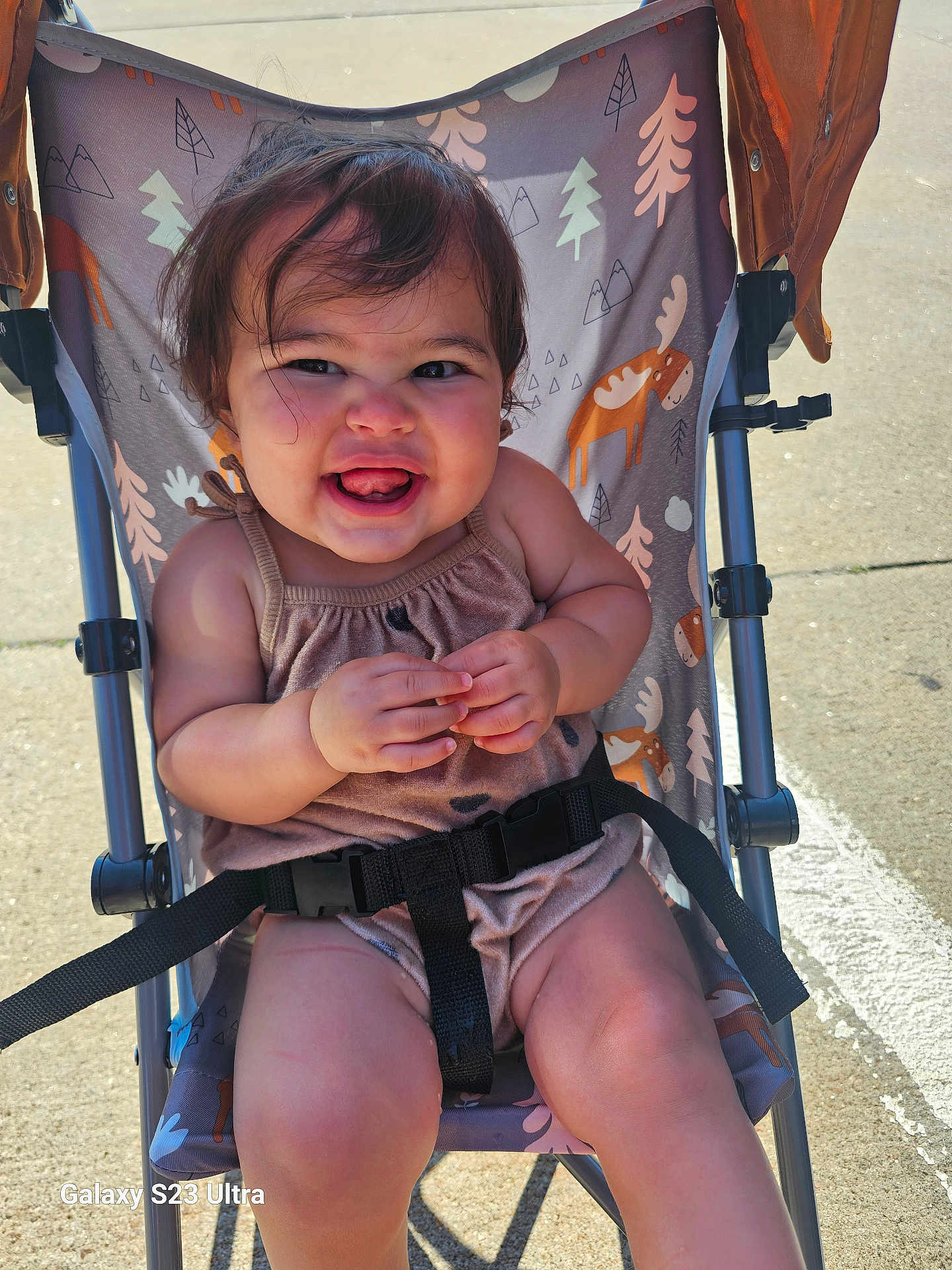 Emery joined the competition — help win amazing prizes! toddler, child, smiling, stroller, outdoor, sunlight, playful, happy, cute, infant, clothing, seatbelt, fabric, animal_print, legs, hands, person, face, baby, seat