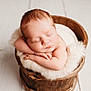 newborn, baby, sleeping, wooden_bucket, fluffy_blanket, arms_folded, peaceful, infant, cute, portrait, close_up, resting, soft_lighting, wood_floor, cozy, skin, head, tiny_hands, indoor, adorable