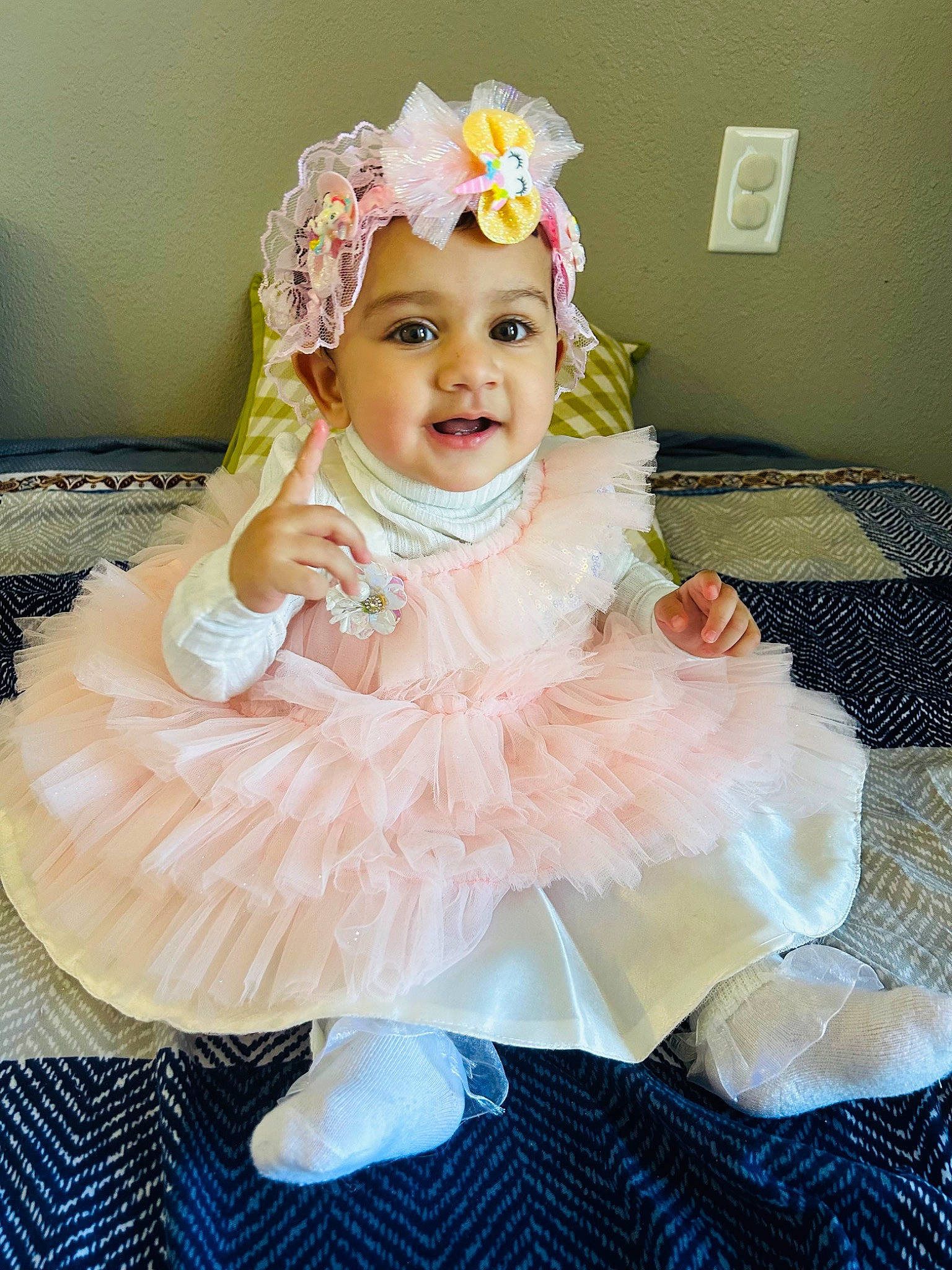 Avika joined the competition — help win amazing prizes! baby, baby_toddler_clothing, bridal_accessory, dress, embellishment, event, eye, fashion_accessory, hair_accessory, happy, head, headband, headgear, headpiece, headwear, iris, peach, person, pink, ruffle
