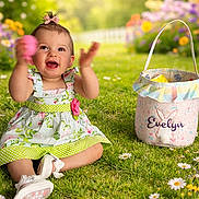 Evelyn is registered to the contest to win money with this photo: baby, child, girl, smiling, clapping, dress, bow, grass, flowers, garden, sunlight, basket, outdoor, happy, sitting, playful, nature, colorful, cute, portrait