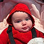 Paisley is registered to the contest to win money with this photo: baby, child, hood, red_clothing, knitted, blue_eyes, face, infant, blanket, straps, cute, portrait, closeup, warm, cozy, indoors, soft, seat, safety_strap, expression