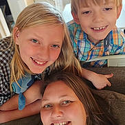 Paislynn joined the competition — help win amazing prizes! child, children, adult, smiling, selfie, indoor, family, happy, portrait, casual, blonde_hair, plaid_shirt, blue_eyes, couch, home, closeup, toddler, person, face, togetherness