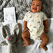 Ruhan Aditiyaa joined the competition — help win amazing prizes! baby, infant, child, smiling, dinosaur_onesie, plush_bunny, soft_toy, footprint_card, three_months_card, gray_blanket, knit_blanket, lying_down, top_view, happy, cute, hands, legs, fabric_texture, portrait, indoor