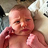 Aiden joined the competition — help win amazing prizes! newborn, baby, infant, skin, face, hands, clenched_fists, expression, person, human, indoors, closeup, portrait, holding, shirt, skin_texture, head, hair, wrinkles, frown