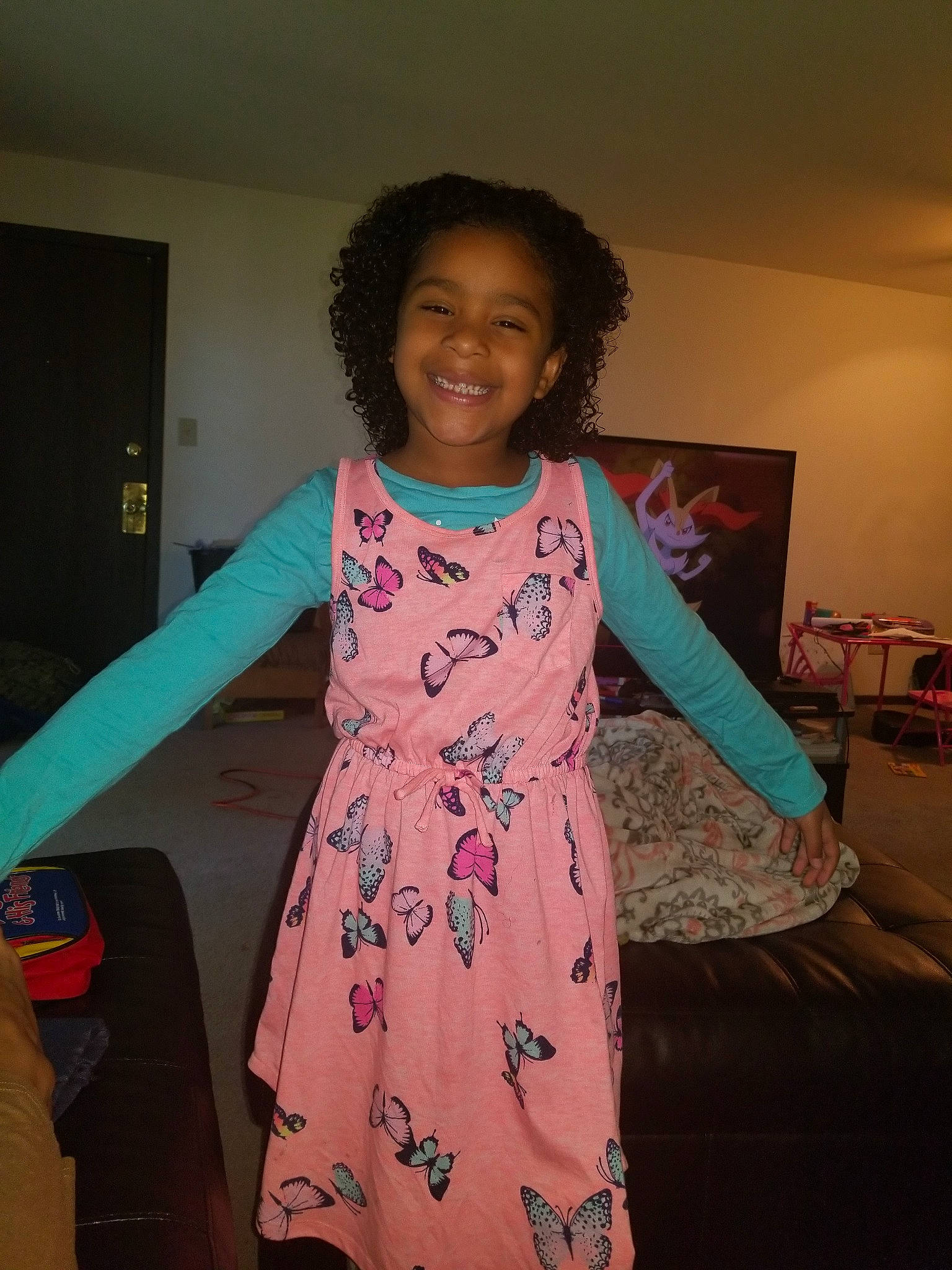 Naveyah joined the competition — help win amazing prizes! child, costume, dress, fun, joy, pattern, person, pink, shoulder, smile