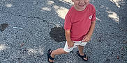 Weston joined the competition — help win amazing prizes! child, boy, blonde_hair, red_shirt, white_shorts, flip_flops, smiling, outdoor, asphalt, sunlight, shadow, tree_shadow, sidewalk, casual_clothing, happy, walking, summer, daylight, person, cute