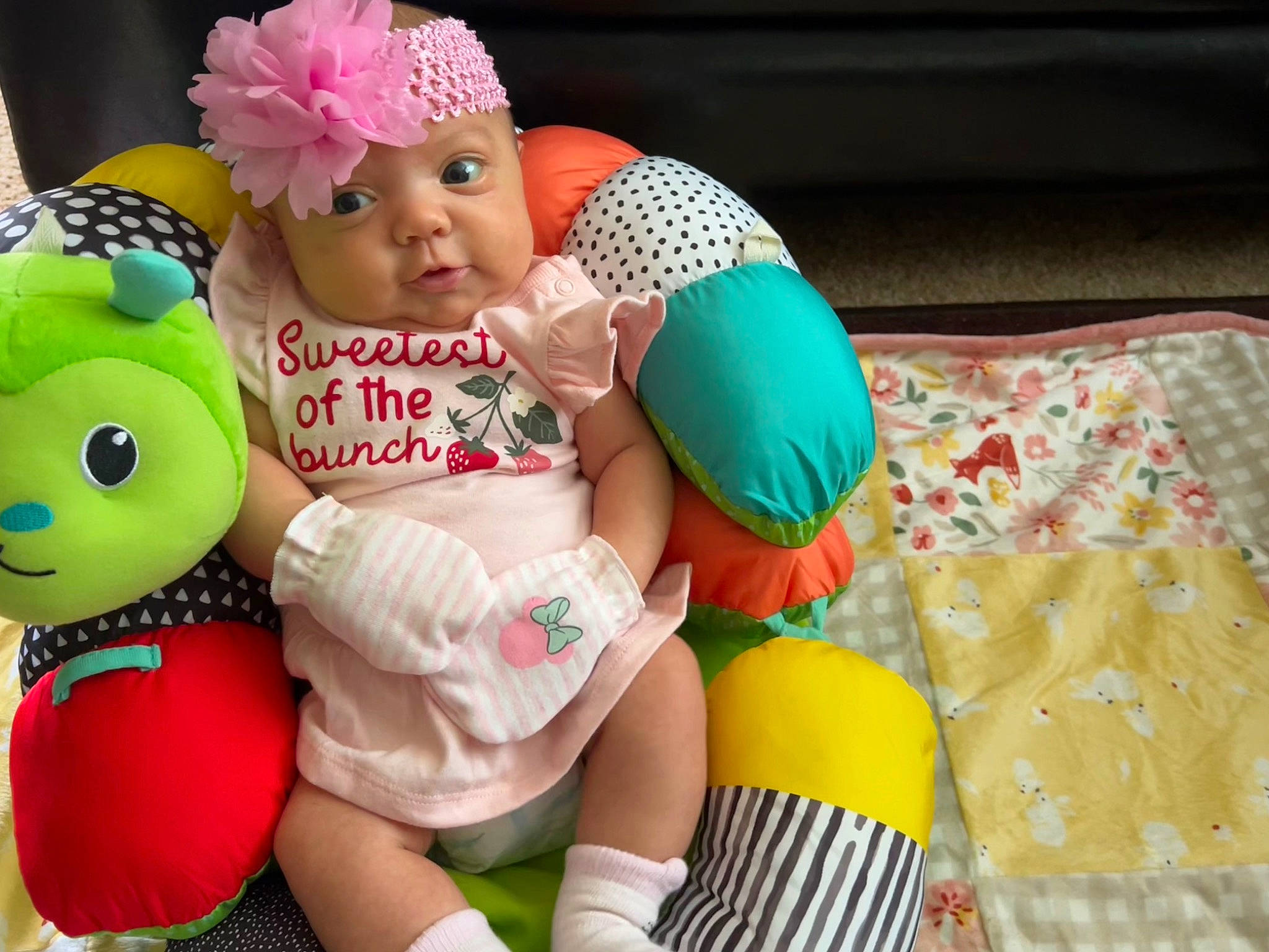 Gabriela joined the competition — help win amazing prizes! abdomen, baby, baby_products, baby_sleeping, baby_toddler_clothing, child, diaper, fun, happy, headwear, human_leg, lap, linens, person, pink, play, sitting, sock, stuffed_toy, thigh