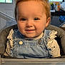 Oakley is registered to the contest to win money with this photo: baby, child, clothing, cute, denim_overalls, face, hair_bows, happy, high_chair, home, indoor, infant, person, pigtails, portrait, seated, smiling, white_shirt, window, young_child