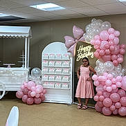 Isabella Rose is registered to the contest to win money with this photo: child, birthday, party, pink_dress, balloons, balloon_arch, birthday_cake, desserts, candy, party_decorations, happy_birthday, indoor, portrait, standing, smiling, gift_boxes, dessert_table, pink, white, celebration