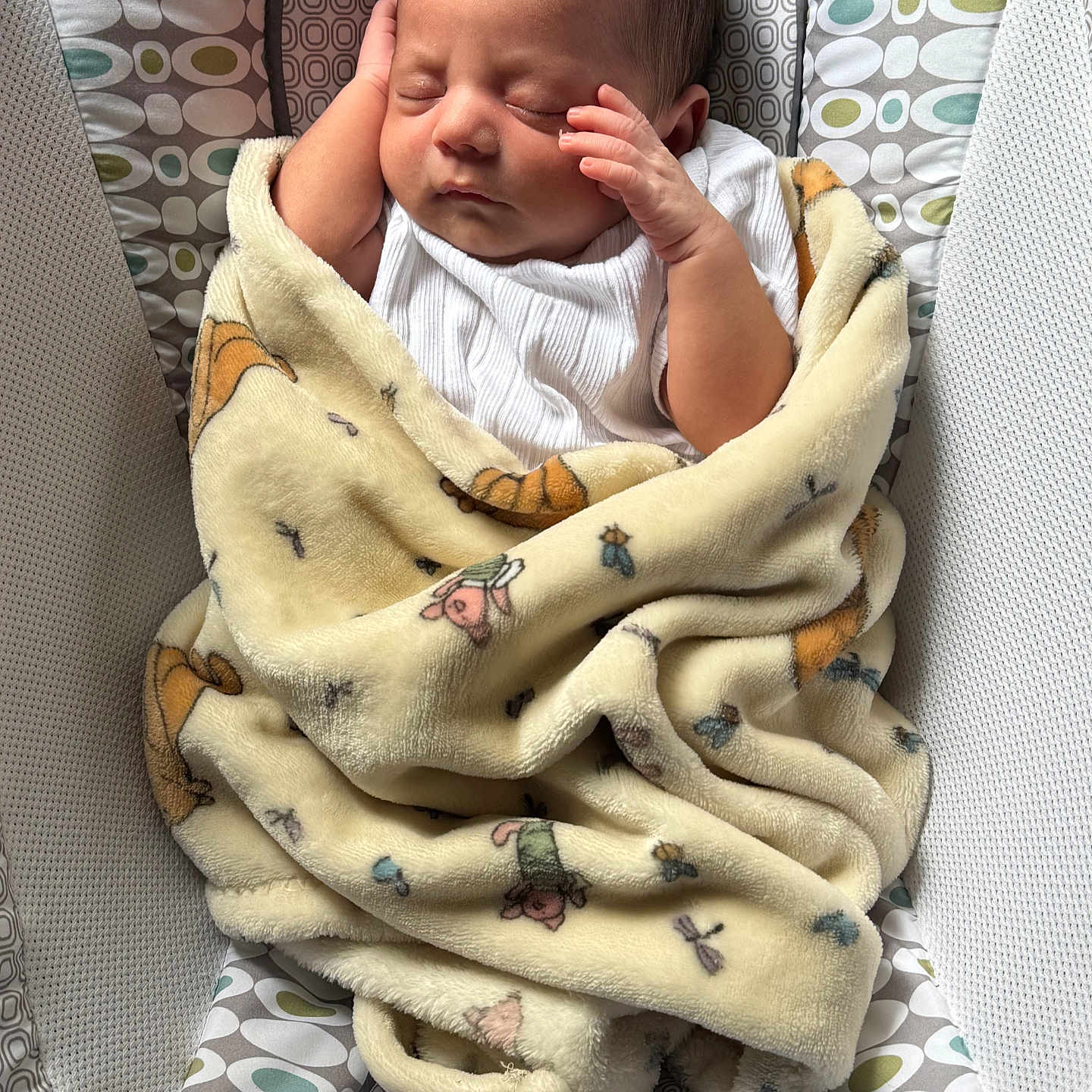 Javier is registered to the contest to win money with this photo: baby, baby_seat, blanket, cartoon_print, child, comfort, cozy, cute, face, hands, indoor, infant, newborn, patterned, peaceful, portrait, resting, sleeping, small, soft