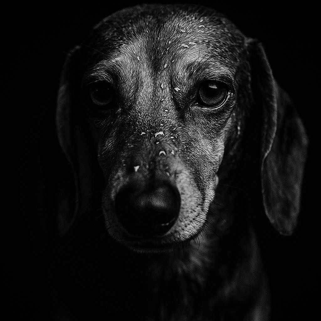 Stella a rejoint le concours — aidez-le/la à gagner de superbes lots ! animal, animal_portrait, black_and_white, canine, close_up, dark_background, dog, ears, expression, eyes, face, fur, intense, monochrome, muzzle, nose, pet, portrait, studio_lighting, texture