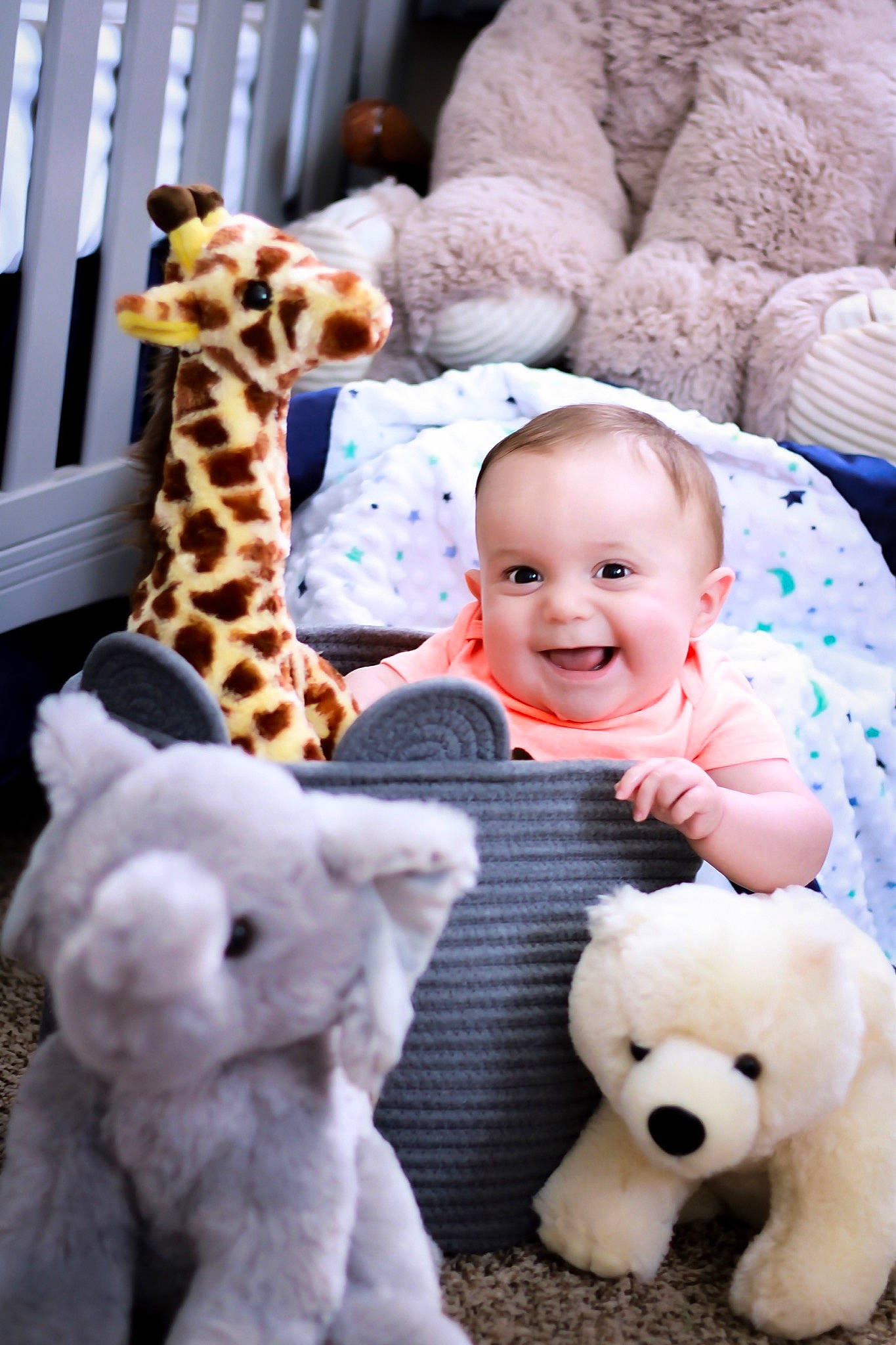 Larkin is registered to the contest to win money with this photo: baby, child, giraffe, giraffidae, joy, person, play, plush, room, smile, stuffed_toy, teddy_bear, textile, toddler, toy