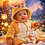 baby, child, onesie, animal_costume, plush_toy, bunny, carrot, blanket, mushroom, forest, glowing_lights, fairy_tale, smiling, cute, cozy, nature, outdoor, evening, magical, soft_toys