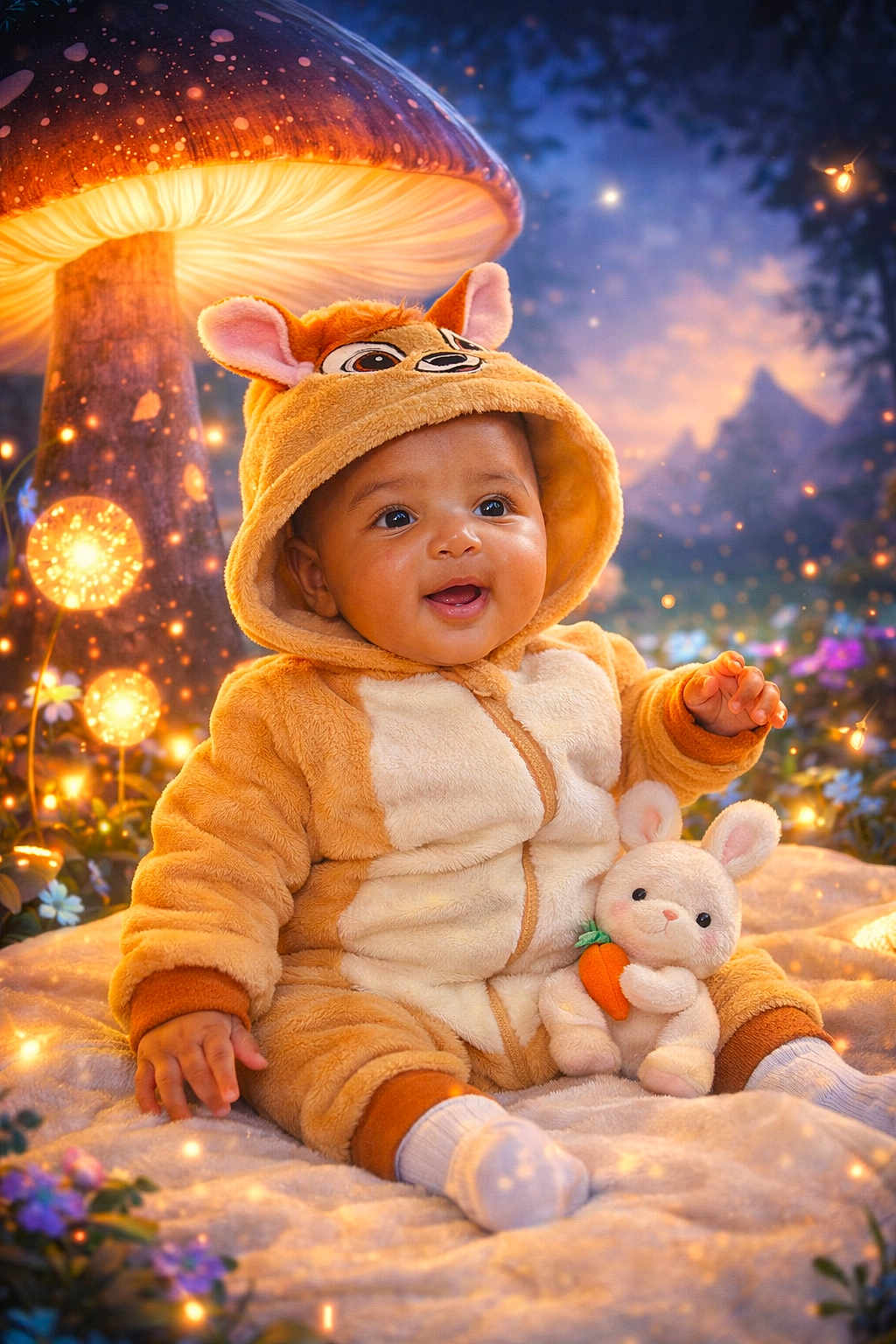 Dalia a rejoint le concours — aidez-le/la à gagner de superbes lots ! baby, child, onesie, animal_costume, plush_toy, bunny, carrot, blanket, mushroom, forest, glowing_lights, fairy_tale, smiling, cute, cozy, nature, outdoor, evening, magical, soft_toys