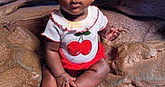 Justice joined the competition — help win amazing prizes! baby, cherry_design, child, cute, expression, eyes, face, feet, hands, indoors, infant, person, portrait, red_clothing, rock_surface, sitting, skin, texture, white_clothing, young