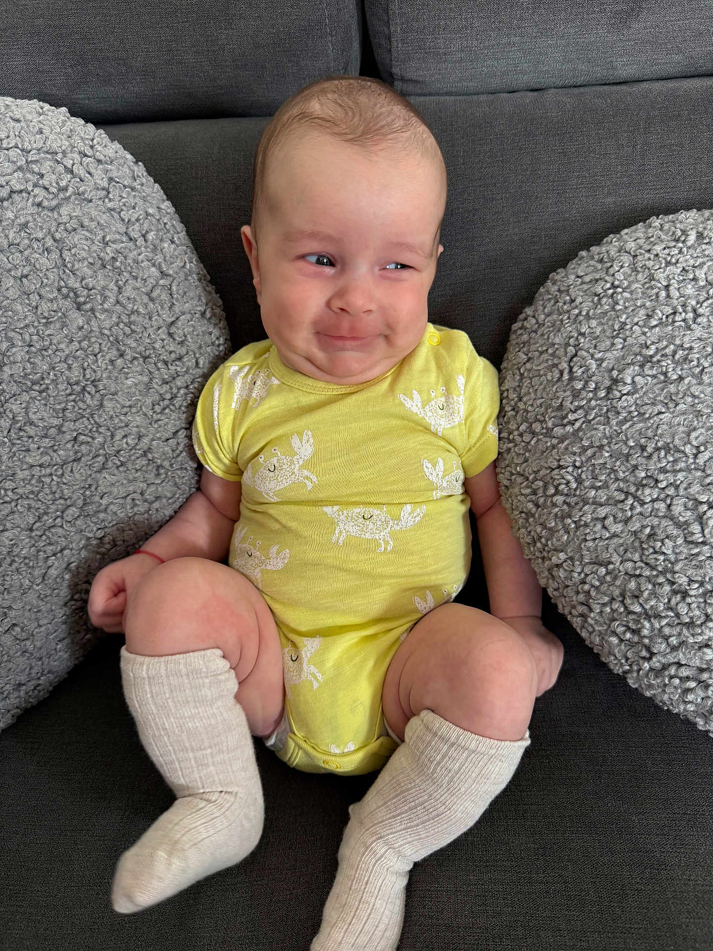 Maximillian is registered to the contest to win money with this photo: baby, infant, yellow_onesie, crab_print, socks, couch, gray_cushions, smile, cheeky_expression, seated, indoors, cute, child, person, apparel, soft_texture, home, cozy, legs, face