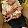 baby, infant, grandmother, elderly_woman, person, portrait, sitting, holding, cradling, smiling, family, indoor, living_room, armchair, crocheted_blanket, wood_floor, black_skirt, white_blouse, baby_clothing, cozy