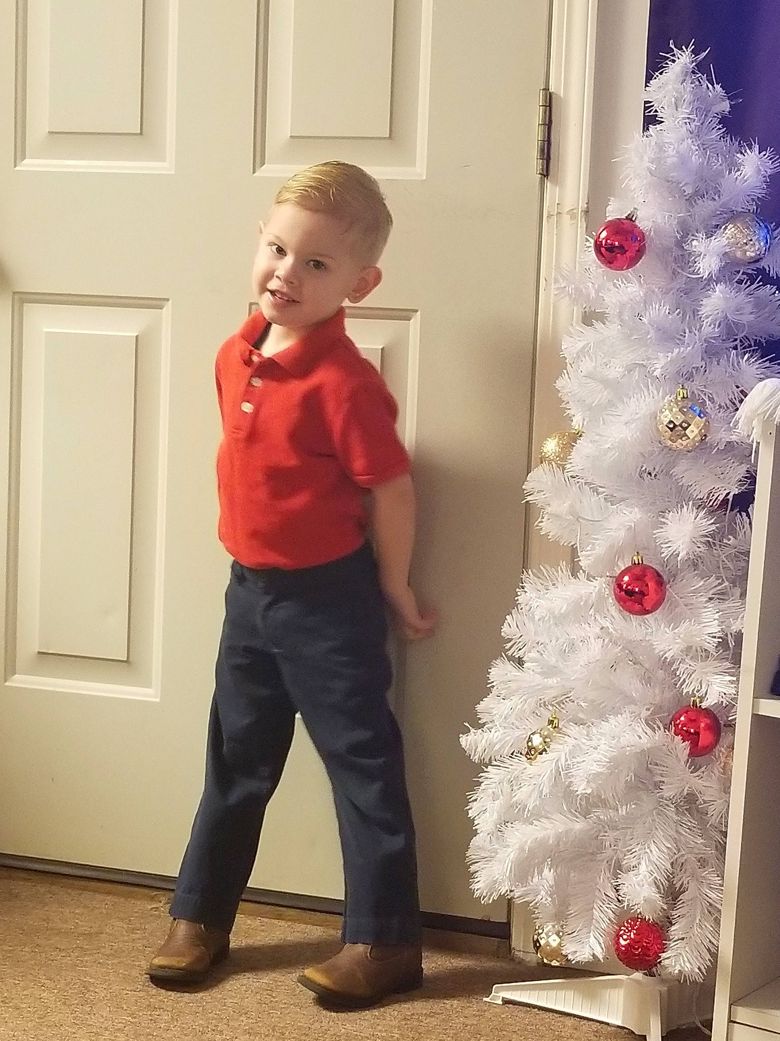 Gerald is registered to the contest to win money with this photo: child, christmas, christmas_decoration, christmas_tree, costume, girl, holiday, joy, person, shoulder, standing, toddler