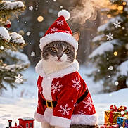 Gribouille participe au concours pour gagner de l'argent avec cette photo : animal, cat, christmas, cold, cute, festive, holiday, nature, outdoor, pet, pine_trees, presents, red_clothing, santa_claus, seasonal, snow, snowflakes, sunset, toy_train, winter