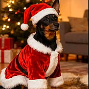 Gipsy participe au concours pour gagner de l'argent avec cette photo : dog, christmas, holiday, santa_hat, santa_costume, pet, indoor, decorations, tree, presents, fur, black_dog, brown_dog, costume, festive, celebration, cute, animal, christmas_tree, living_room