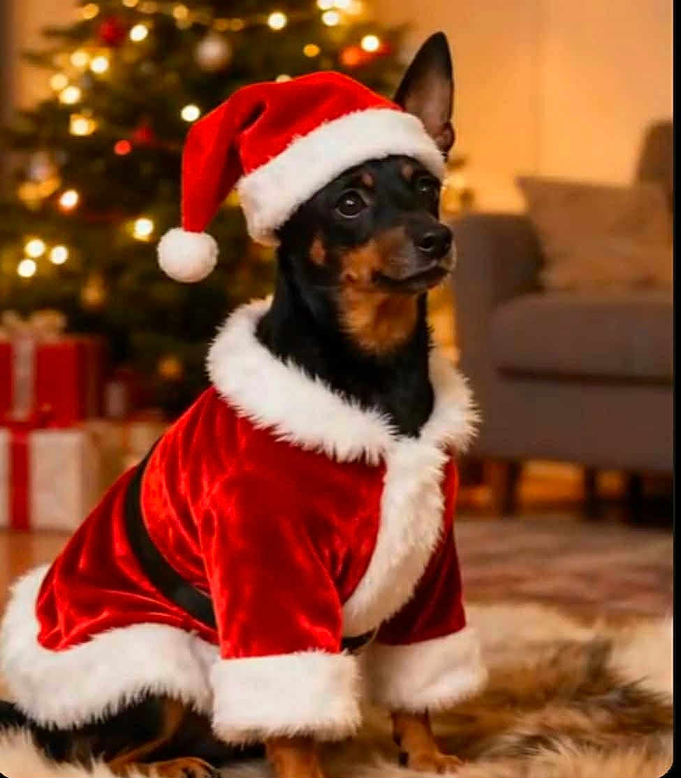 Gipsy participe au concours pour gagner de l'argent avec cette photo : dog, christmas, holiday, santa_hat, santa_costume, pet, indoor, decorations, tree, presents, fur, black_dog, brown_dog, costume, festive, celebration, cute, animal, christmas_tree, living_room