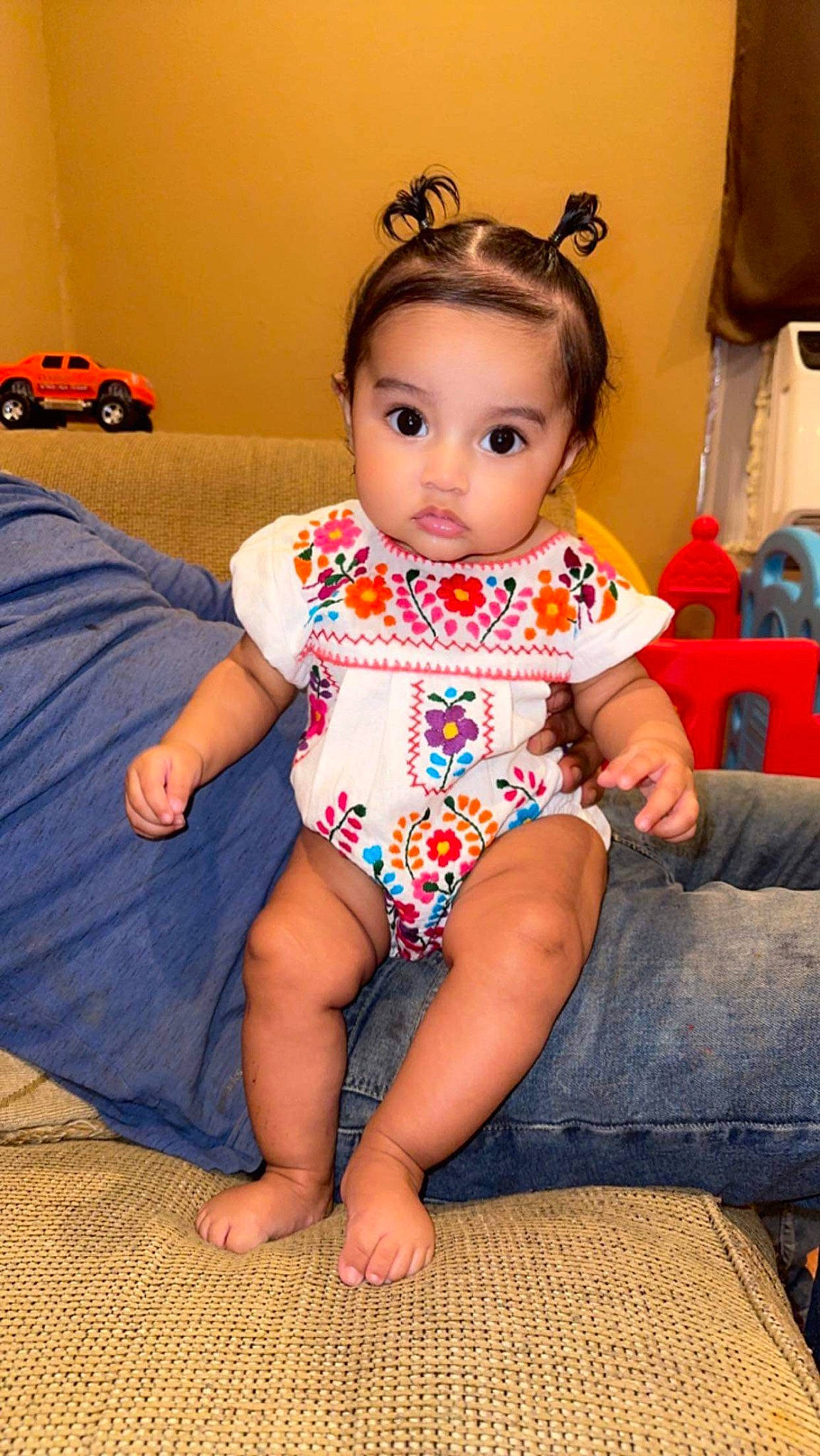 Andrea joined the competition — help win amazing prizes! baby, baby_toddler_clothing, cheek, child, eye, facial_expression, foot, fun, happy, human_leg, iris, lap, pattern, person, shoulder, sitting, skin, textile, thigh, toddler