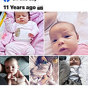 Aaliyah is registered to the contest to win money with this photo: baby, infant, newborn, child, sleeping, awake, portrait, face, smiling, blanket, pink_clothing, white_clothing, bed, lying_down, sitting, collage, family_memory, social_media, facebook, photograph