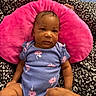 Azaliah is registered to the contest to win money with this photo: baby, infant, child, onesie, purple_clothing, floral_pattern, pink_pillow, hand, blanket, black_and_white, patterned_blanket, cute, comfort, portrait, lying_down, skin, face, head, expression, indoors