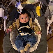 Sohan participe au concours pour gagner de l'argent avec cette photo : baby, infant, baby_rocker, plush_toy, banana_toy, denim_pants, black_shirt, baby_accessories, indoor, wooden_floor, smiling_toy, stuffed_animal, baby_clothing, baby_boy, child, face, cute, relaxing, home, furniture