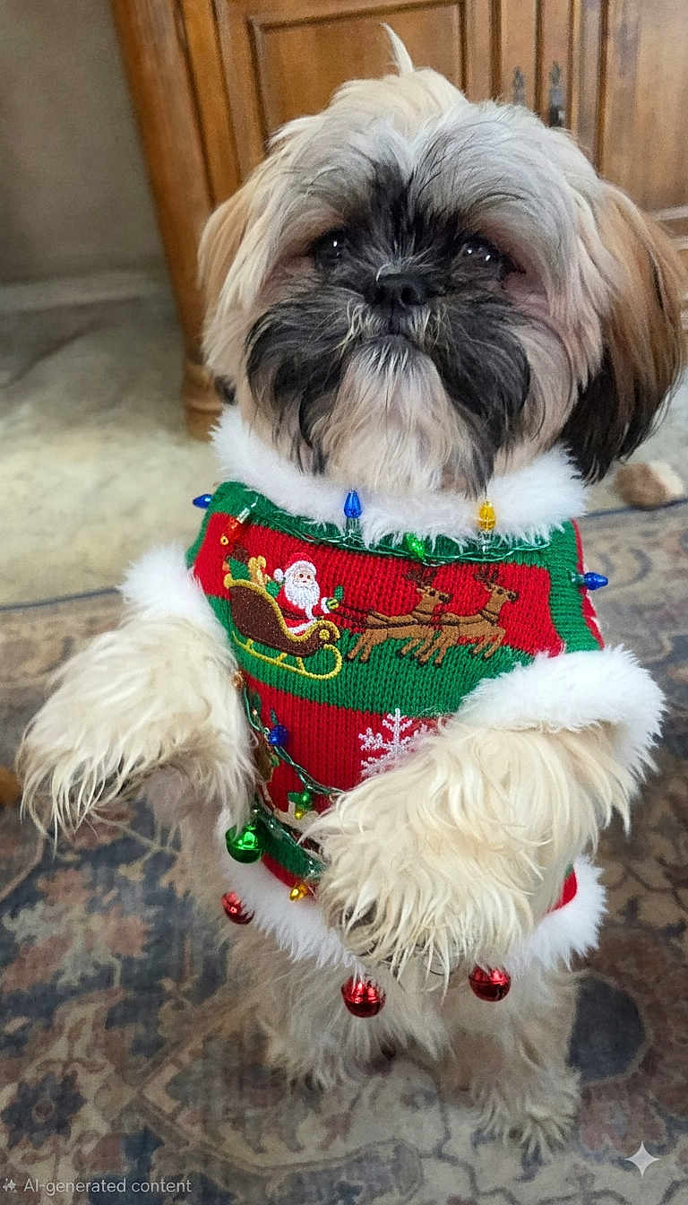 Chewie joined the competition — help win amazing prizes! dog, pet, christmas_sweater, holiday, festive, indoor, carpet, wooden_cabinet, cute, fluffy, small_dog, standing, decorative_lights, bells, santa_claus, reindeer, fur, adorable, holiday_season, celebration