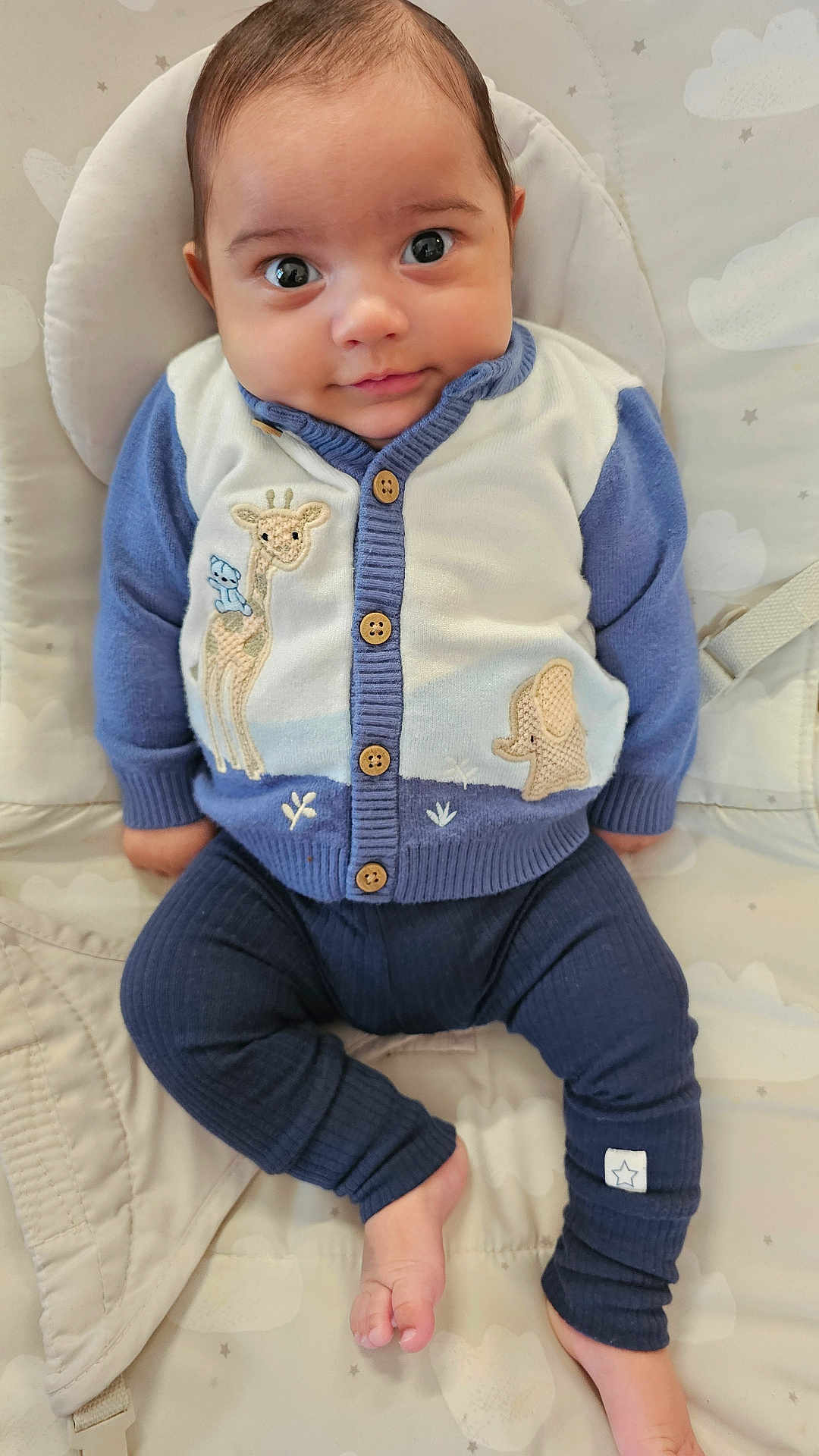 Elijah joined the competition — help win amazing prizes! baby, infant, child, sweater, blue_clothing, knitted, animal_patch, giraffe, elephant, toddler, cute, smiling, indoors, cushion, blanket, footwearless, portrait, seated, looking_at_camera, cozy