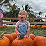 Lauren joined the competition — help win amazing prizes! toddler, child, pumpkin, orange, overalls, denim, grass, outdoor, sky, cloud, tree, palm_tree, fence, nature, happy, smiling, baby, seasonal, fall, garden
