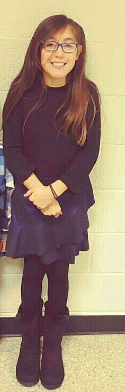 Amiah joined the competition — help win amazing prizes! eyewear, girl, glasses, joint, joy, long_hair, outerwear, person, product, purple, shoulder, sleeve, standing, tights, top, vision_care