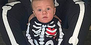 Luke is registered to the contest to win money with this photo: baby, child, skeleton_costume, heart, black_clothing, white_bones, hands, face, person, seated, matching_outfits, adult, legs, floor, indoor, costume, holiday, cute, portrait, expression