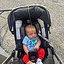 Luke joined the competition — help win amazing prizes! baby, car_seat, sleeping, outdoor, asphalt, clothing, red_pants, blue_shirt, toy, sticky_hand, footwear, socks, infant, child, seat_belt, resting, cute, sunshade, safety, peaceful