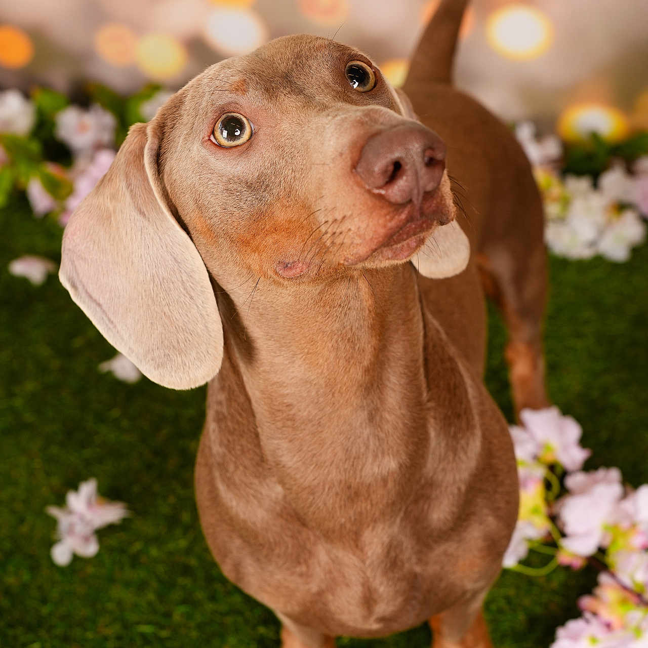 Victor a rejoint le concours — aidez-le/la à gagner de superbes lots ! dog, dachshund, brown_dog, pet, grass, flowers, bokeh, outdoor, animal, cute, looking_up, ears, snout, paws, fur, nature, portrait, greenery, blurred_background, adorable