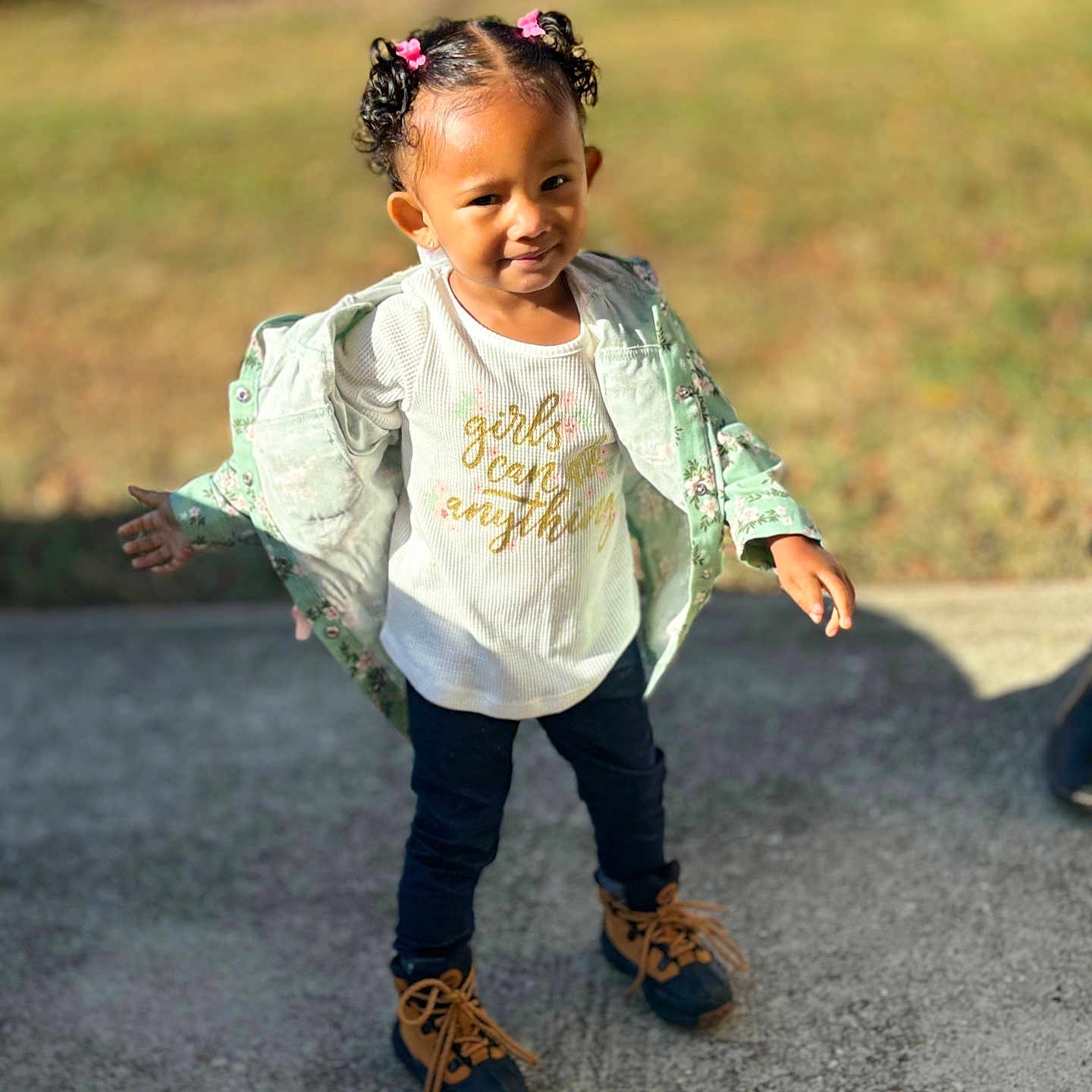 Bella joined the competition — help win amazing prizes! child, city, clothing, coat, face, female, footwear, girl, hair, head, jacket, jeans, pants, person, photography, portrait, shoe, sitting, sleeve, walking