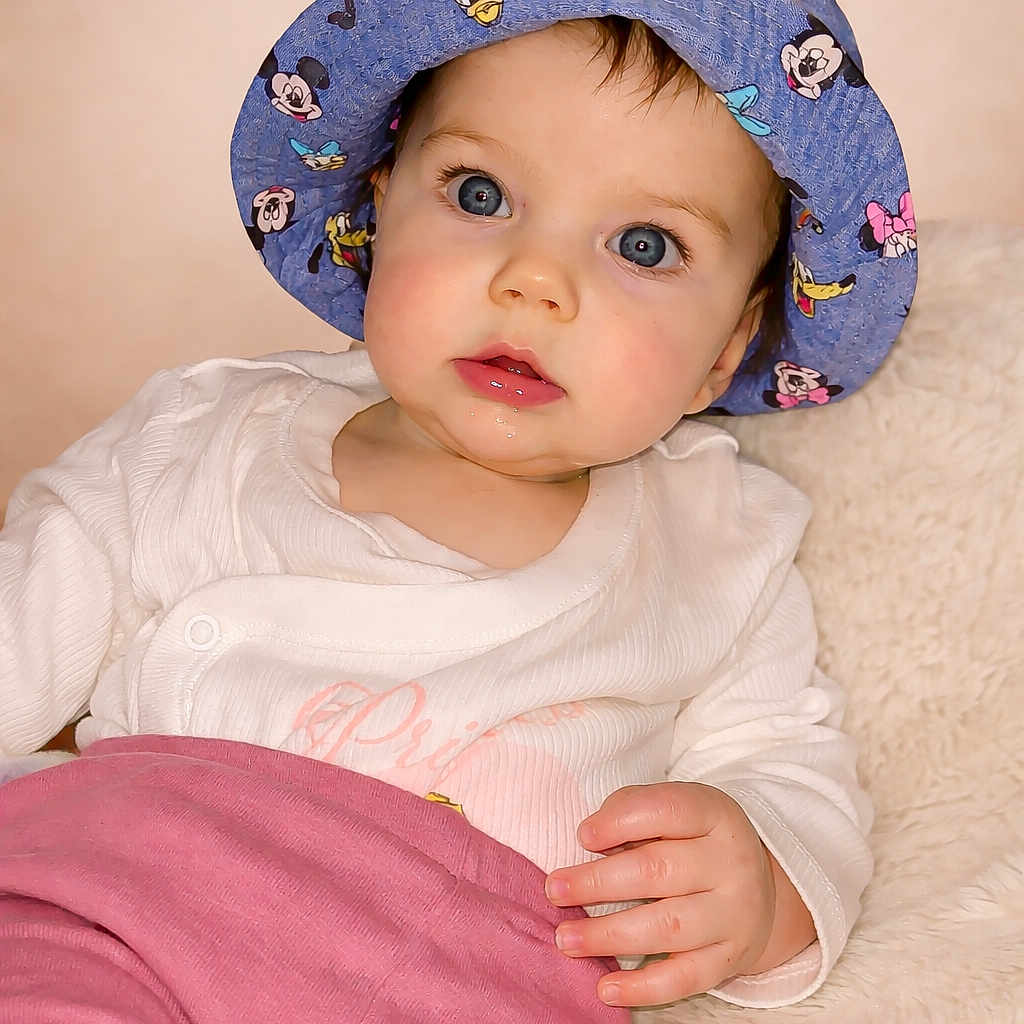 Rose participe au concours pour gagner de l'argent avec cette photo : baby, child, blue_hat, cartoon_characters, white_top, pink_pants, soft_background, curious_expression, portrait, indoor, cute, infant, person, face, hand, clothing, closeup, sitting, young_child, hat