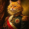 cat, orange_cat, portrait, military_uniform, regal, ornate, historical_style, painting, feline, costume, red_sash, gold_embroidery, decorative_medal, fur, whiskers, animal_portrait, formal, noble, dramatic_lighting, classic