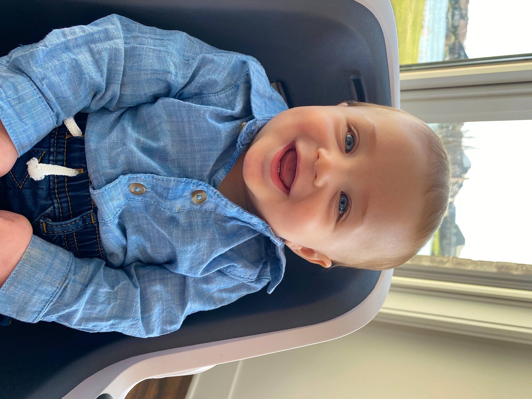 Brody is registered to the contest to win money with this photo: auto_part, baby, baby_laughing, baby_products, baby_toddler_clothing, cheek, child, comfort, denim, elbow, electric_blue, eye, happy, joy, person, product, sleeve, smile, t_shirt, toddler