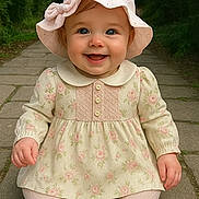 Louann participe au concours pour gagner de l'argent avec cette photo : baby, child, smiling, hat, pink, dress, flowers, tights, shoes, outdoor, pathway, greenery, cute, happy, portrait, sitting, person, infant, nature, daylight