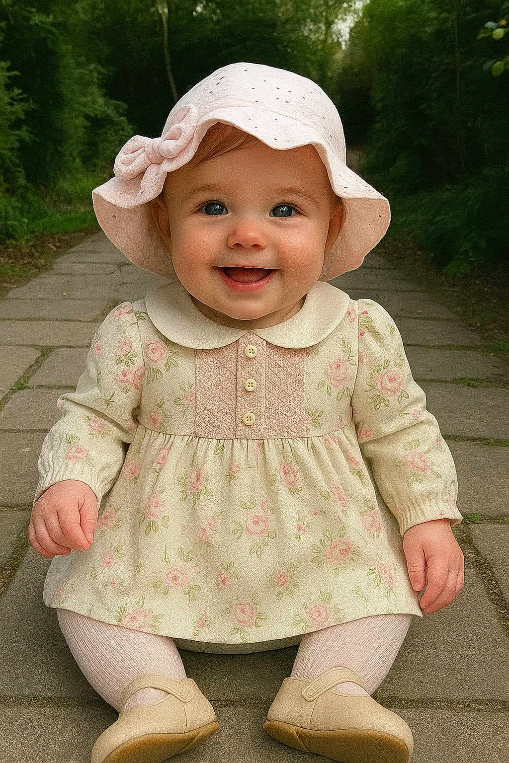Louann participe au concours pour gagner de l'argent avec cette photo : baby, child, smiling, hat, pink, dress, flowers, tights, shoes, outdoor, pathway, greenery, cute, happy, portrait, sitting, person, infant, nature, daylight