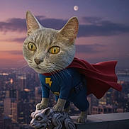Kit Kat is registered to the contest to win money with this photo: cat, superhero, costume, cape, cityscape, dusk, twilight, gargoyle, statue, fantasy, digital_art, animal, yellow_eyes, blue_suit, red_cape, urban, sky, moon, building, heroic_pose