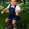 toddler, child, smiling, tricycle, outdoor, grass, greenery, trees, blossom, hair_bows, denim_overalls, white_shirt, pink_shoes, happy, playful, portrait, person, summer, nature, fun
