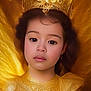 artistic, beautiful, child, closeup, costume, crown, dress, elegant, expression, face, fantasy, female, glowing, golden, headwear, magic, portrait, royalty, shimmer, young