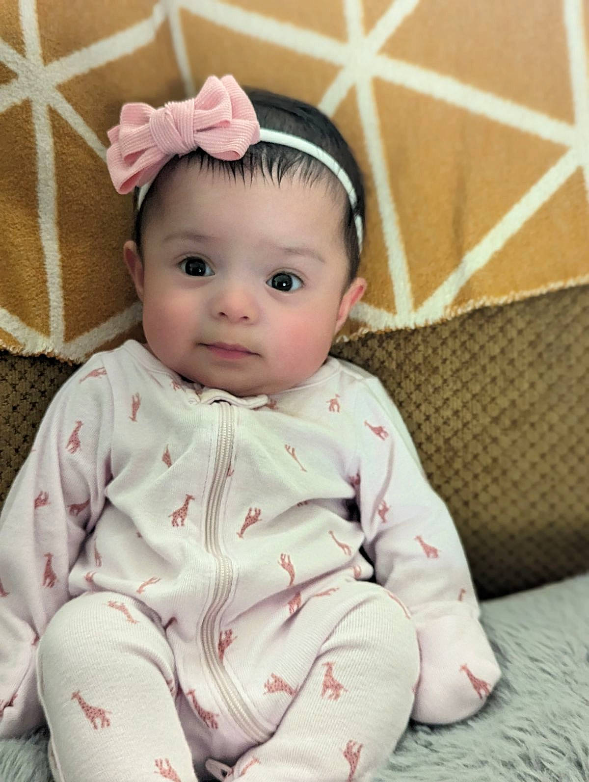 Emilia joined the competition — help win amazing prizes! baby, baby_toddler_clothing, carmine, cheek, child, chin, comfort, eye, eyelash, face, fashion_accessory, happy, headband, linens, lip, pattern, person, pink, skin, sleeve