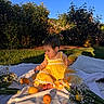 baby, child, yellow_dress, lemon, blanket, flowers, outdoor, grass, garden, sunlight, nature, portrait, cute, toddler, summer, sitting, flower_bouquet, blue_sky, greenery, peaceful